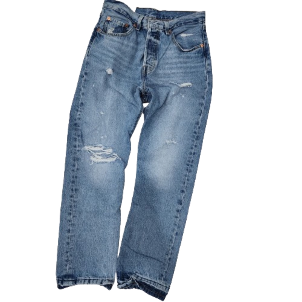 Levi's Jeans/ Distressed Light Wash Denim/Button Up/ Darker Hem Line/501